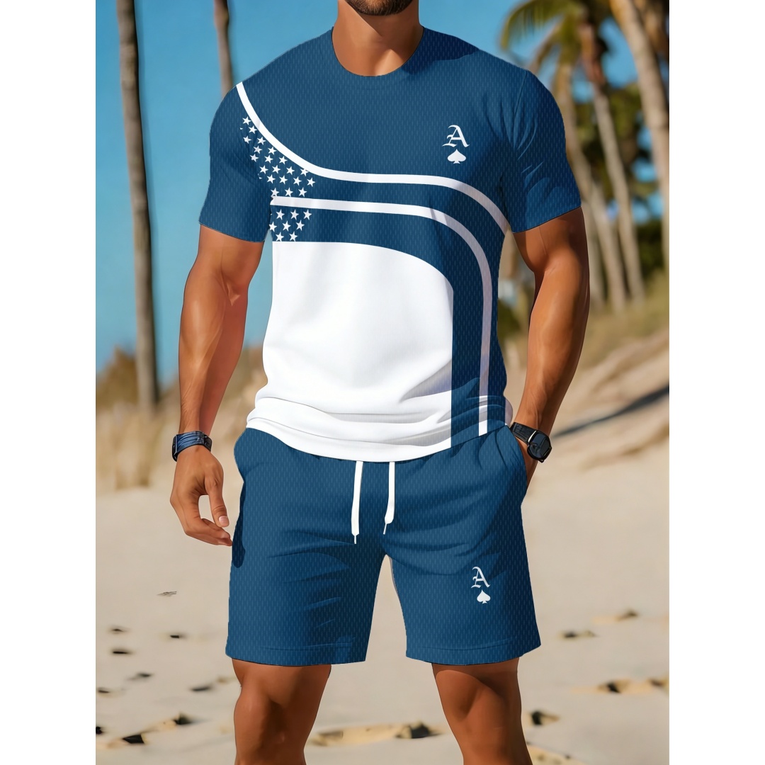 여름 남성 캐주얼 트렌디 곡선 그래픽 프린트 투피스 세 - Outdoor Sport Outfit 리뷰 및 가격